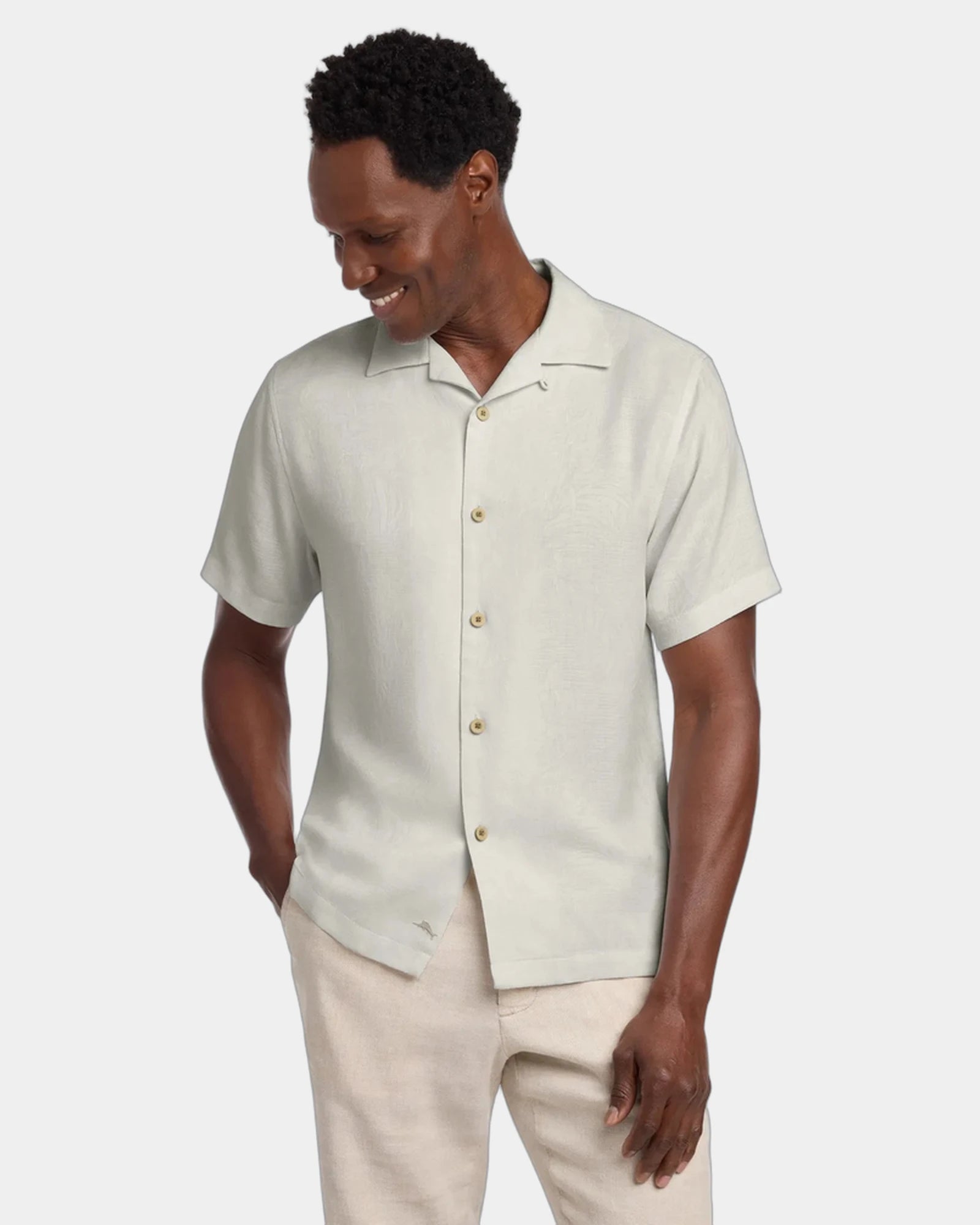 Custom silk camp shirt with tropical print, short sleeve - Continental